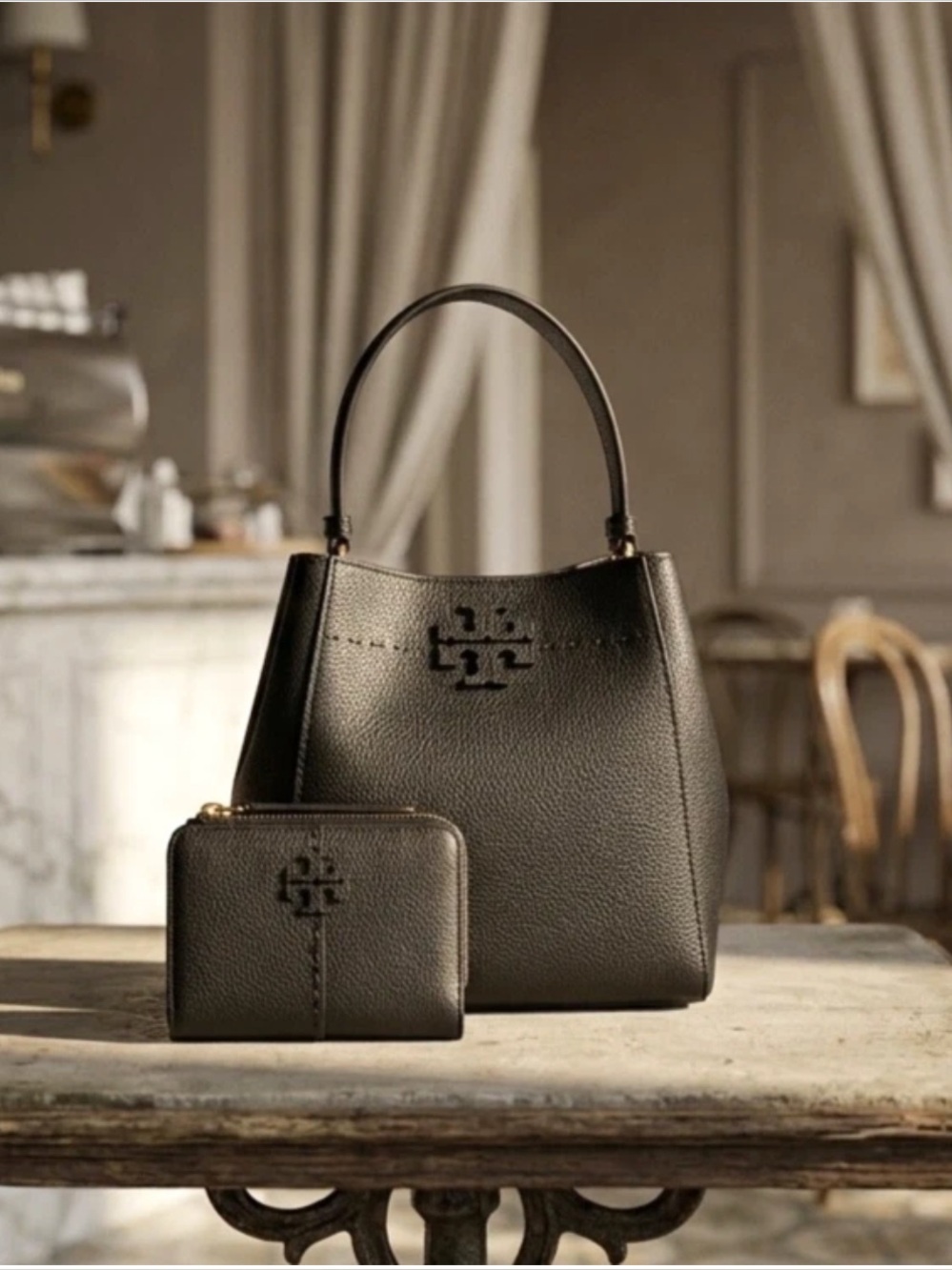 Tory Burch Mcgraw Black Pebbled Leather Small Bucket Tote Bag + Bi-fold Wallet